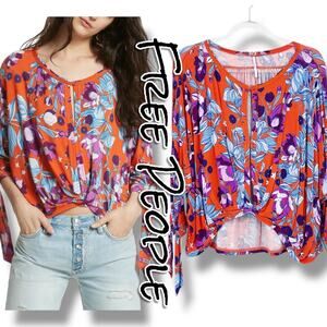Free People Keepin’ On Orange Floral Tie Sleeves Top 3/4 Sleeves Womens Sz S
